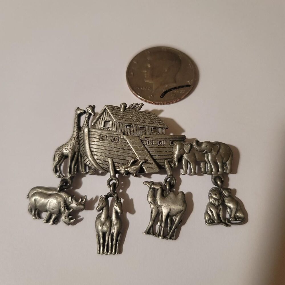 JJ Stamped Noahs Ark Brooch Pin Dangling Animals Rhinos Horses Camels Lions